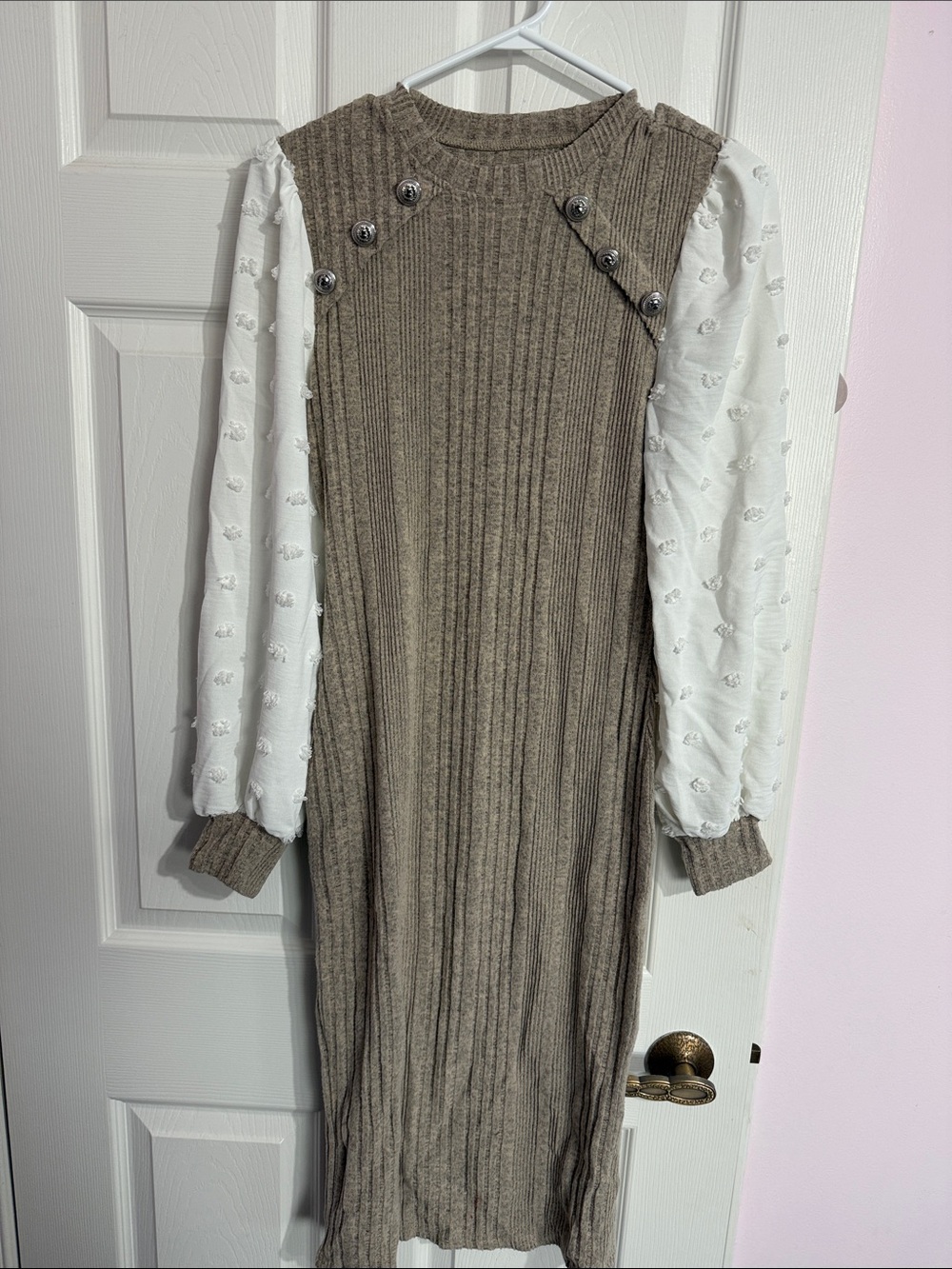 SHEIN Taupe Ribbed Knit Dress with White Puff Sleeves